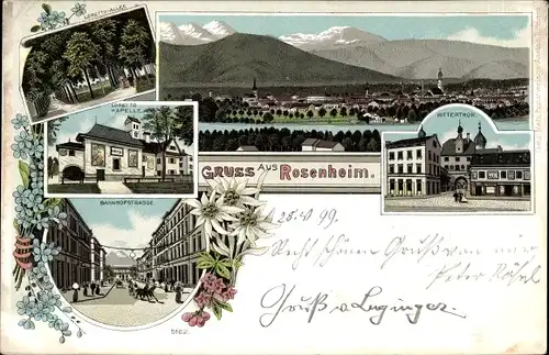 Litho Rosenheim in Bayern, Loretto Allee, Kapelle, Mittertor, Bahnhofstraße