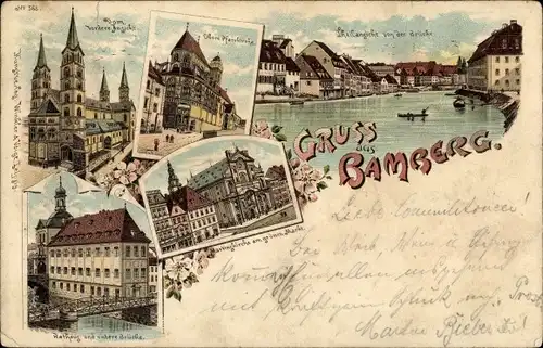 Litho Bamberg in Oberfranken, Obere Pfarrkirche, Dom, Rathaus, Grüner Markt