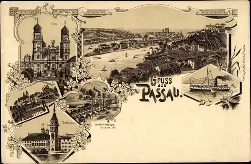 Litho Passau in Niederbayern, Dom, Maria Hilf Kirche, Rathaus, Eisenbahnbrücke, Dampfschiff