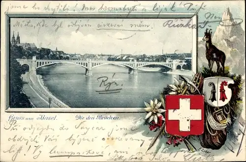 Präge Wappen Ak Bâle Basel Stadt Schweiz, Die drei Brücken, Gämse