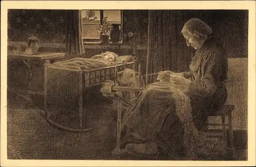 Künstler Ak Schulz-Eberhard, Hessisches Volksleben, Schlitzerland, Beim Wollespinnen