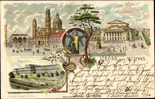 Litho München Bayern, Stadtansichten, Thearinerkirche, Feldherrnhalle, Theater, Glaspalast, Kindl