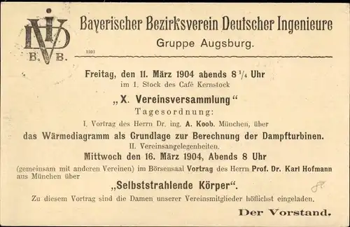 Ak Augsburg in Schwaben, Bezirksverein Deutscher Ingenieure, Vortrag im Cafe Kernstock