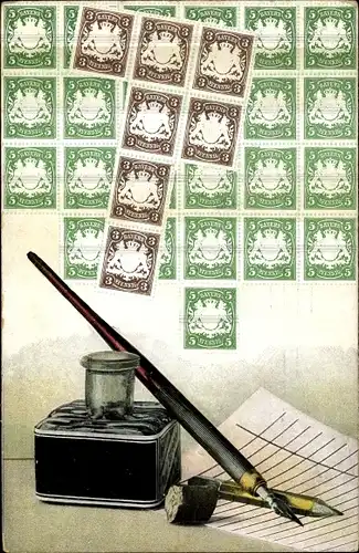 Briefmarken Ak Bayrische Briefmarken, Tintenfass, Schreibfeder