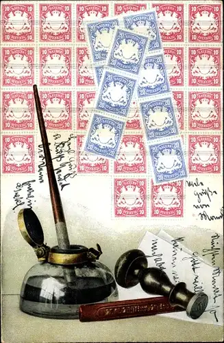 Briefmarken Ak Bayrische Briefmarken, Tintenfass, Schreibfeder, Siegel