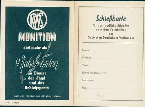 Klapp Ak Schießkarte Dt. Jagdschutz Verband, RWS Munition, Dynamit AG vorm. Alfred Nobel Nürnberg