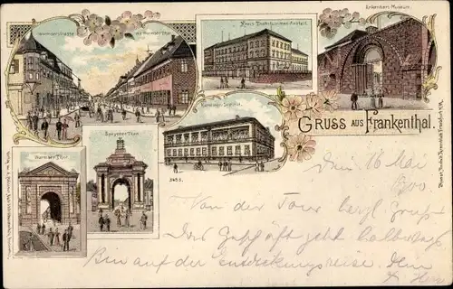 Litho Frankenthal in der Pfalz, Museum, Taubstummen-Anstalt, Speyerer Tor