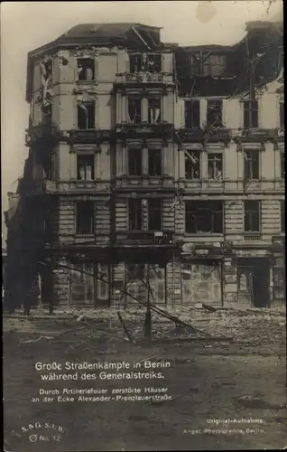 Ak Berlin, Generalstreik 1919, Straßenkämpfe, Alexanderstraße, Prenzlauer Straße, Artillerietreffer