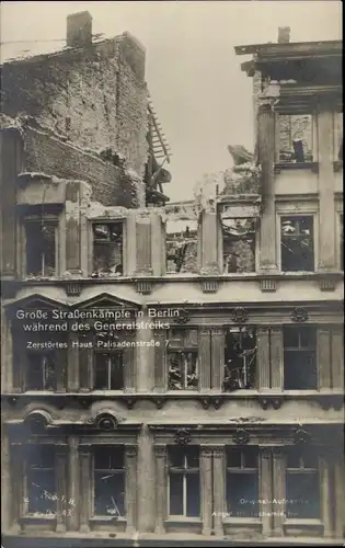 Ak Berlin Friedrichshain, Generalstreik 1919, Straßenkämpfe, zerstörtes Haus Palisadenstraße 7
