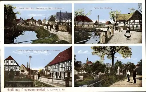 Ak Niedercunnersdorf Kottmar in der Oberlausitz, Gasthaus zu den 3 Sternen, Oberdorf, Kriegerdenkmal