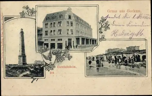 Ak Nordseebad Borkum in Ostfriesland, Eisenbahnheim, Leuchtturm, Strand