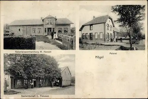 Ak Högel in Nordfriesland, Meierei, Kolonialwarenhandlung von H. Hansen, Gastwirtschaft C. Petersen