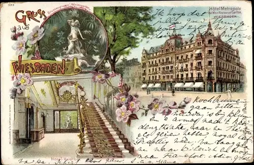 Litho Wiesbaden in Hessen, Hotel Metropole, Wein Restaurant Carlton