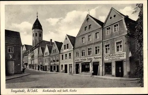 Ak Kożuchów Freystadt Niederschlesien, Kirchstraße, kath. Kirche, BuchhandlungCarl Kalkbrenner