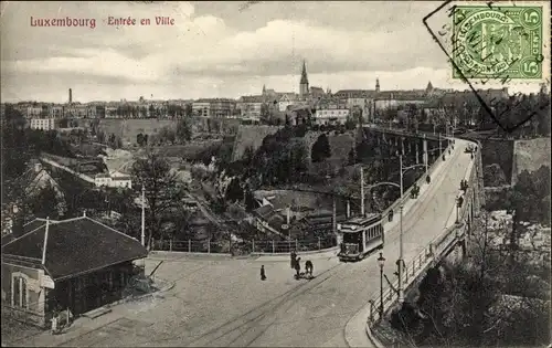 Ak Luxemburg Luxemburg, Eingang zur Stadt, Straßenbahn