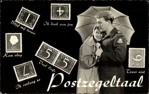 Briefmarken Ak Briefmarkensprache, Niederlande, Soldat und Frau, Regenschirm