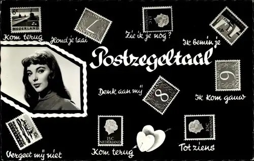 Briefmarken Ak Briefmarkensprache, Niederlande, Frauenportrait
