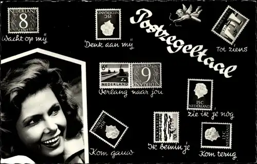 Briefmarken Ak Briefmarkensprache, Niederlande, Frauenportrait