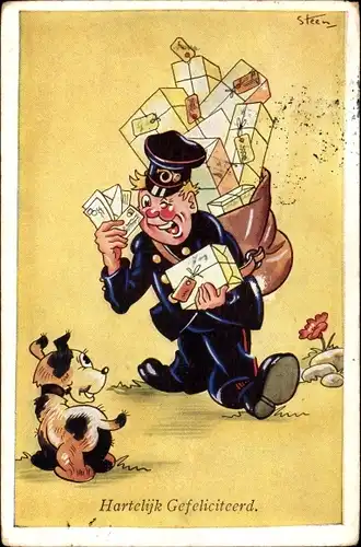 Künstler Ak Steen, Glückwunsch Geburtstag, Postbote mit Paketen, Hund