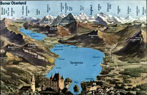 Landkarten Ak Berner Oberland Kanton Bern Schweiz, Thunersee, Orte und Berge