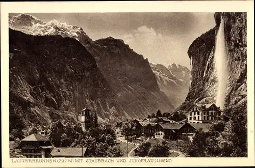 Ak Lauterbrunnen Kanton Bern, Panorama mit Staubbach und Jungfrau