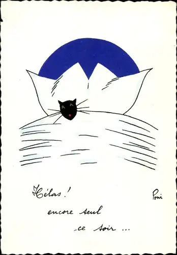 Künstler Ak Schwarze Katze in einem Bett, Kissen, Bettdecke