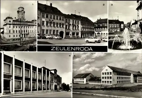 Ak Zeulenroda in Thüringen, Rathaus, HO-Hotel Thüringer Hof am Markt, Karpfenpfeiferbrunnen