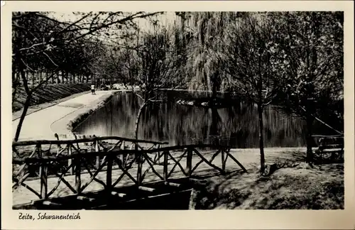 Ak Zeitz im Burgenlandkreis, Schwanenteich, Brücke