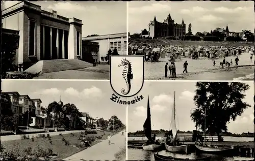 Ak Ostseebad Zinnowitz auf Usedom, Wappen, Segelboote, Strand