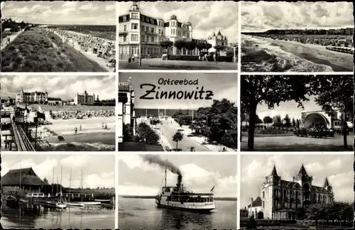 Ak Ostseebad Zinnowitz auf Usedom, Strand, Dampfer, Boote