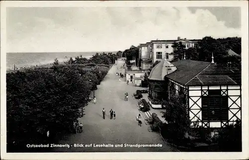 Ak Ostseebad Zinnowitz auf Usedom, Strandpromenade, Lesehalle, Vogelschau, Spaziergänger, Meerblick