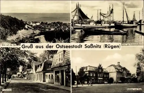 Ak Sassnitz auf der Insel Rügen, Fischereihafen, Rathaus u. Post, Promenade, Blick auf die See