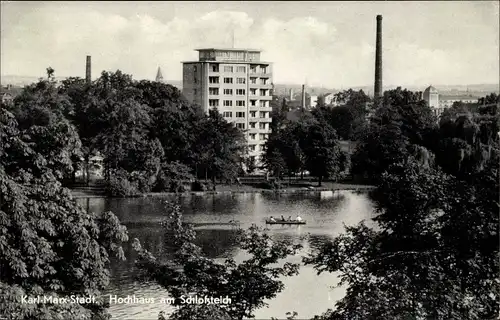 Ak Karl Marx Stadt Chemnitz in Sachsen, Hochhaus am Schlossteich