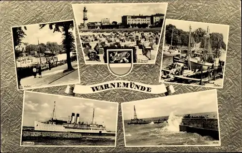 Ak Ostseebad Warnemünde Rostock, Hafen, Strand, Wappen