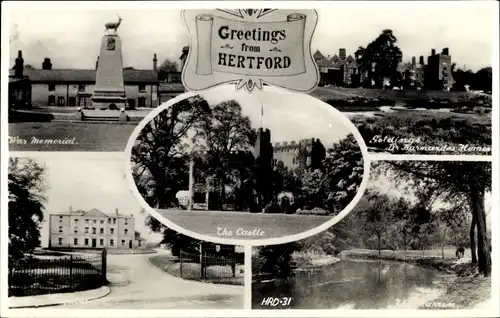 Ak Hertford East England, War Memorial, Goldings, The Castle, Gewässer