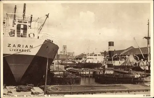 Ak Liverpool Merseyside England, Docks with Cathedral in Background, Zarian