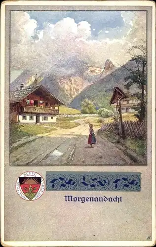 Ak Morgenandacht, Gasthaus, Straße, Gebirge, Kruzifix