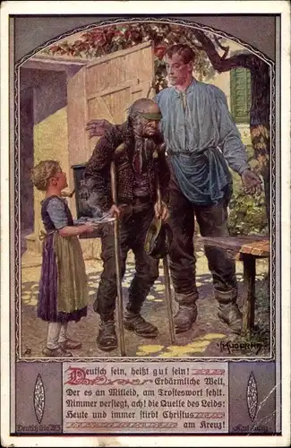 Künstler Ak Deutsch sein, heißt gut sein, Kinder helfen einem alten Mann beim Gehen