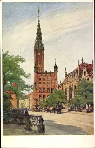 Künstler Ak Hellingrath, Berthold, Gdańsk Danzig, Langer Markt mit Rathaus