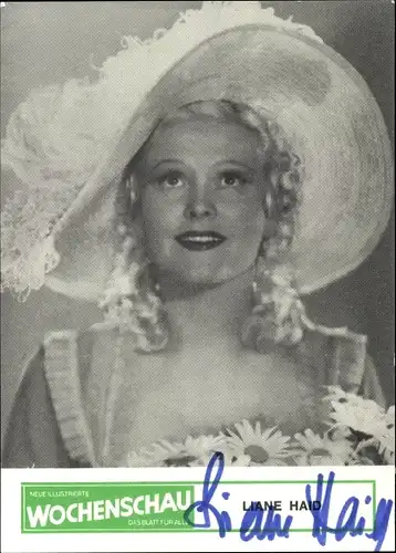 Ak Schauspielerin Liane Haid, Portrait mit Sonnenhut, Wochenschau, Autogramm