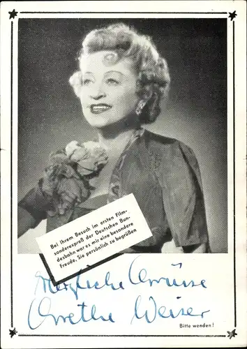 Ak Schauspielerin Grethe Weise, Portrait, Autogramm