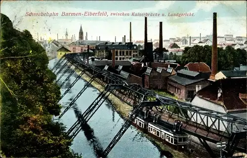 Ak Barmen Wuppertal, Schwebebahn Barmen-Elberfeld, Zwischen Kaiserbrücke und Landgericht