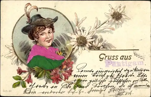 Präge Stoff Litho Frau-Portrait, Hut mit Federn, Edelweiß