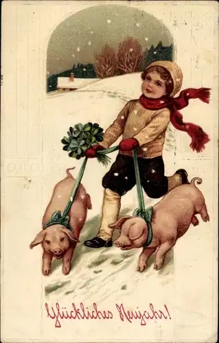 Präge Ak Glückwunsch Neujahr, Kind mit Schweinen, Klee