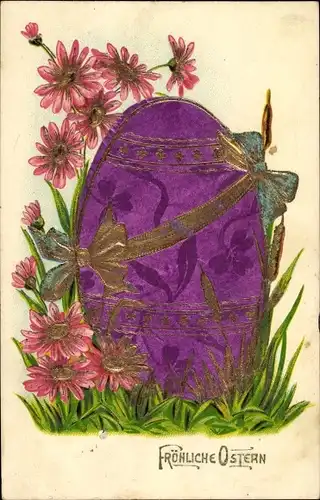 Stoff Präge Ak Glückwunsch Ostern, Osterei mit Schleife, Blumen
