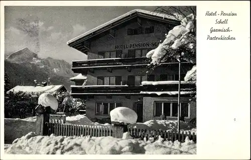 Ak Garmisch Partenkirchen in Oberbayern, Hotel Pension Schell, Winter