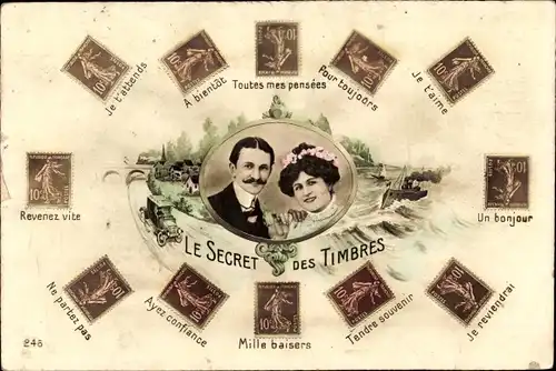 Briefmarken Ak Le Secret des Timbres, Mille baisers, Un bonjour