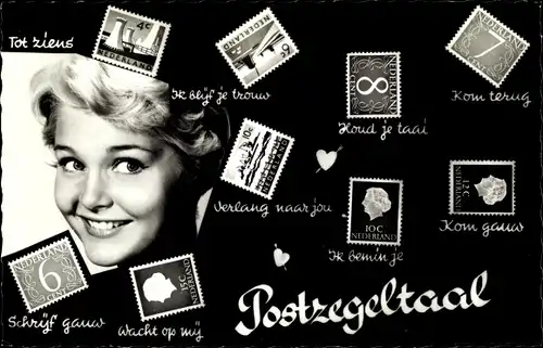 Briefmarken Ak Briefmarkensprache, Frauenportrait, Niederlande