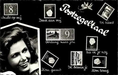 Briefmarken Ak Briefmarkensprache, Frauenportrait, Niederlande