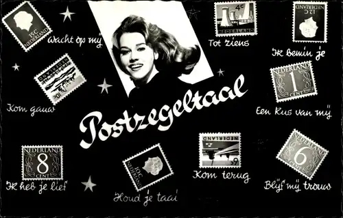 Briefmarken Ak Briefmarkensprache, Frauenportrait, Niederlande